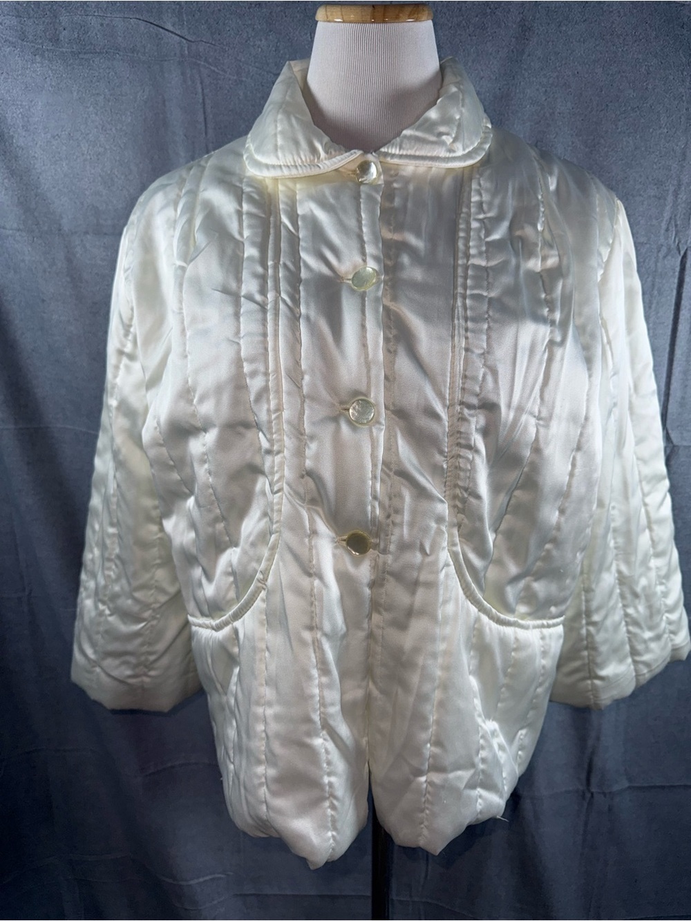 80A-Vintage Nannette Cream Quilted Satin Button-Front Puffer Jacket